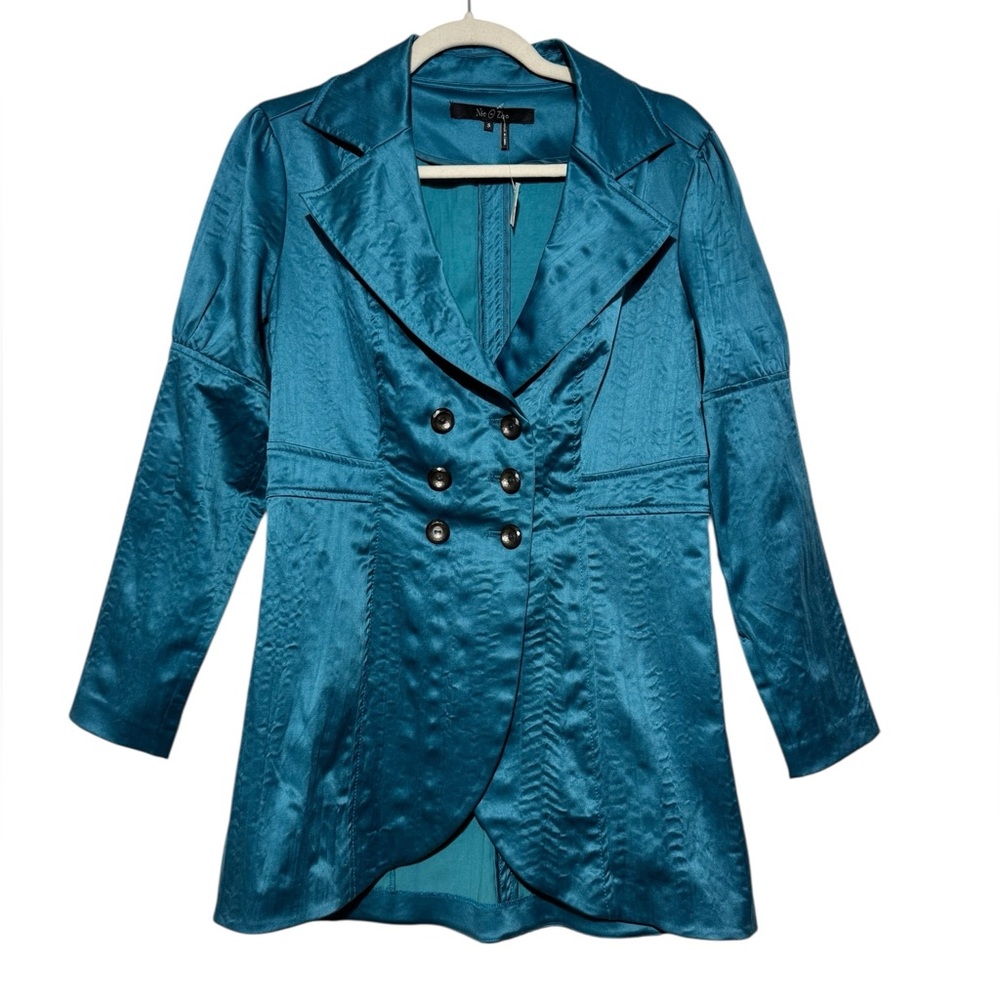 Nic &‎ Zoe Teal Satin Double Breasted Tuxedo Jacket Blazer Small Peacock Y2K Vtg